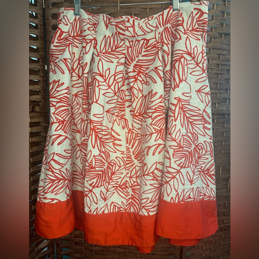Lane Bryant Size 18 Red & Cream Pleated Flare Floral Skirt Linen Blend W/Pockets